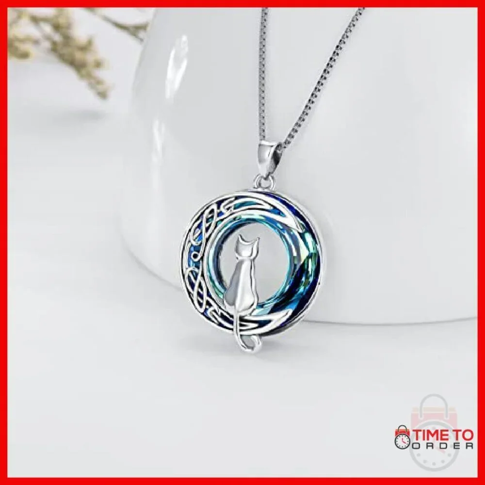 Sterling Silver Cat Moon Pendant Necklace with Crystal Gift for Women